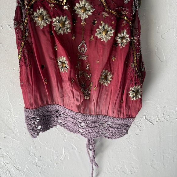 Handmade Sequin Beaded Festival Top Crochet Trim Sleeveless Tie Back Blouse - Picture 4 of 9